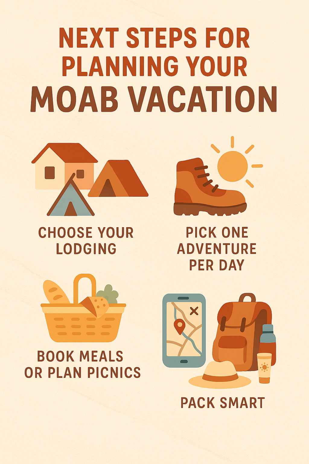 Infographic with five family travel planning tips for Moab: choose your lodging, pick one adventure per day, book meals or plan picnics, download offline maps, and pack smart with water, snacks, hats, sunscreen, and layers.