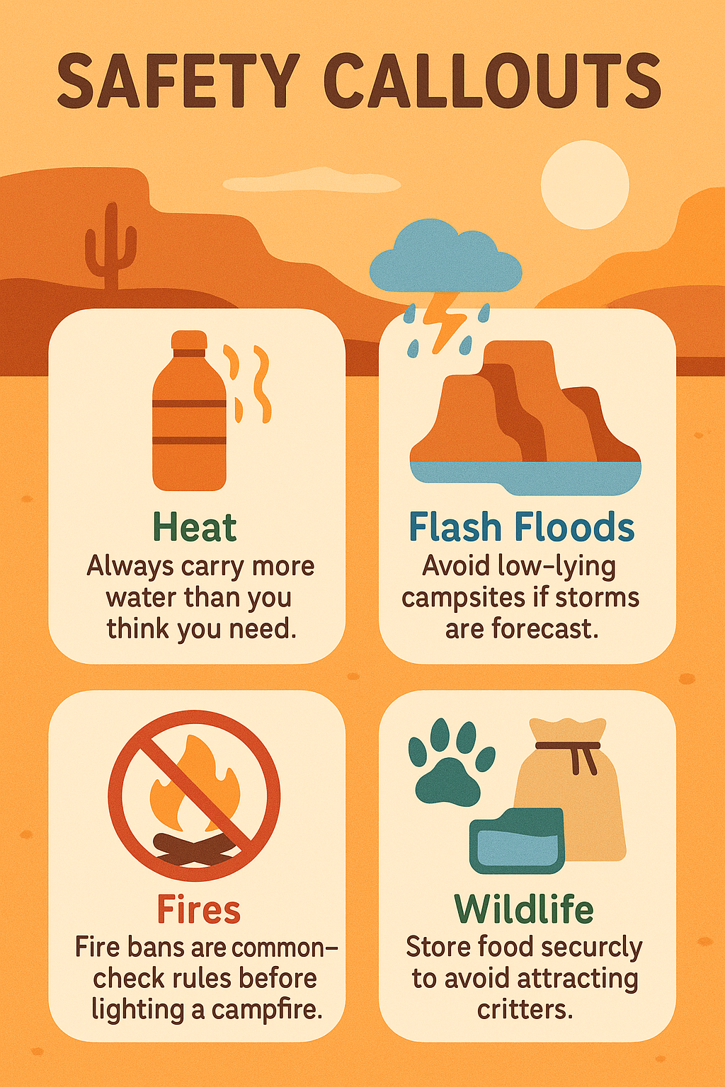 Infographic titled Safety Callouts with four icons: water bottle with heat waves reminding hikers to carry extra water, raincloud with lightning warning about flash floods, campfire crossed out showing fire bans, and a critter paw next to a food bag advising secure food storage.