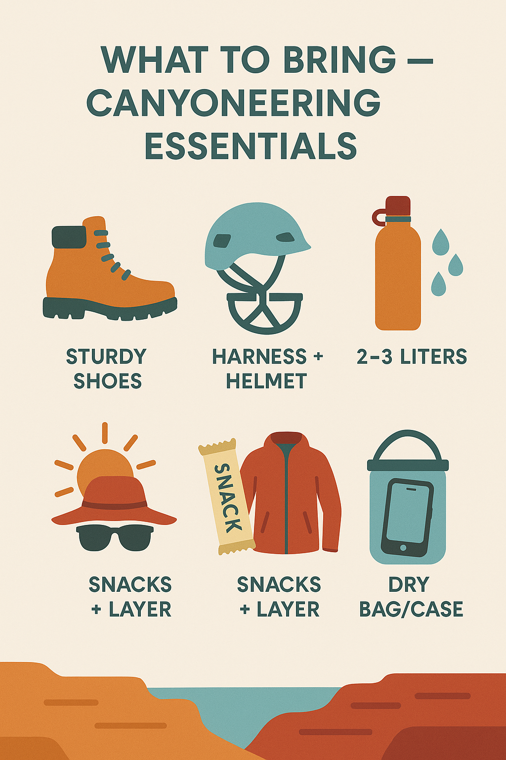 Infographic titled 'What to Bring – Canyoneering Essentials' with six desert-colored icons showing sturdy hiking shoes, harness and helmet, water bottle labeled 2–3 liters, sun with hat and sunglasses, snack bar with light jacket, and a waterproof phone case or dry bag.