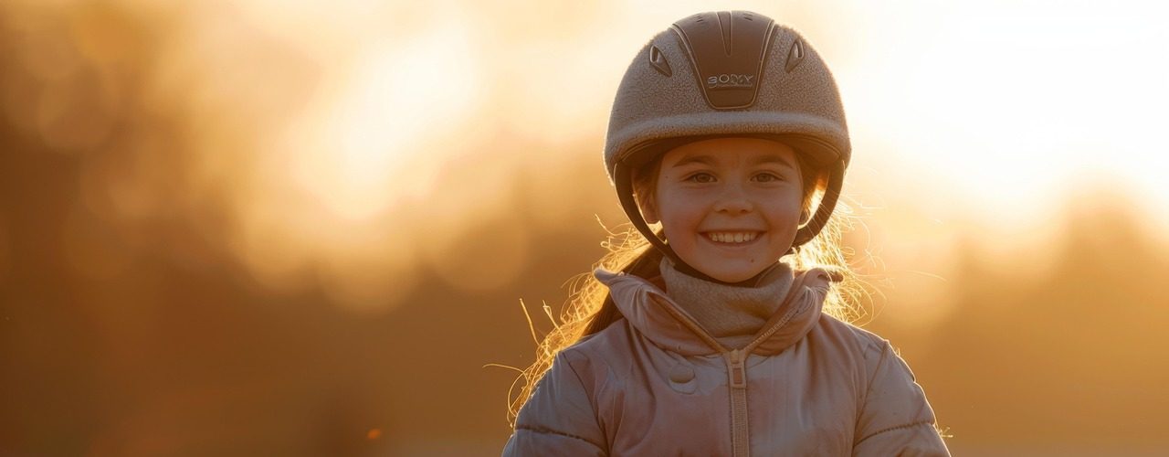 Smiling young rider in a helmet on horseback during a golden sunset in Moab, Utah.