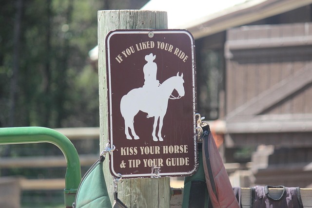 Brown and white sign at a horseback riding stable that reads “If you liked your ride, kiss your horse and tip your guide.