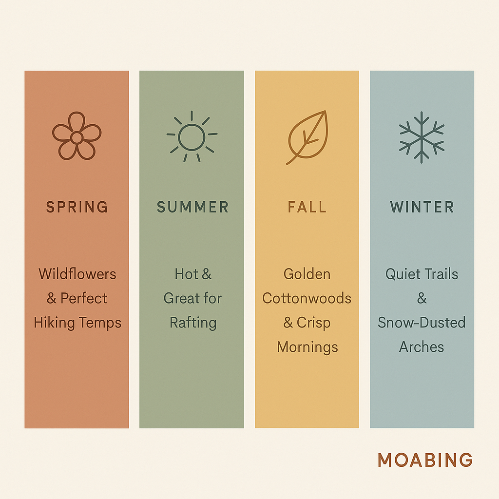 Infographic comparing Moab’s four seasons with icons and travel highlights.