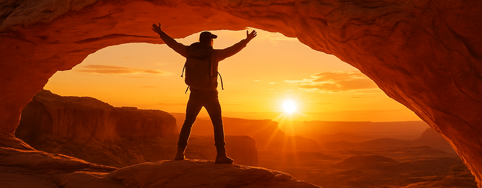 Hiker on the trail to Mesa Arch in Canyonlands National Park at sunrise