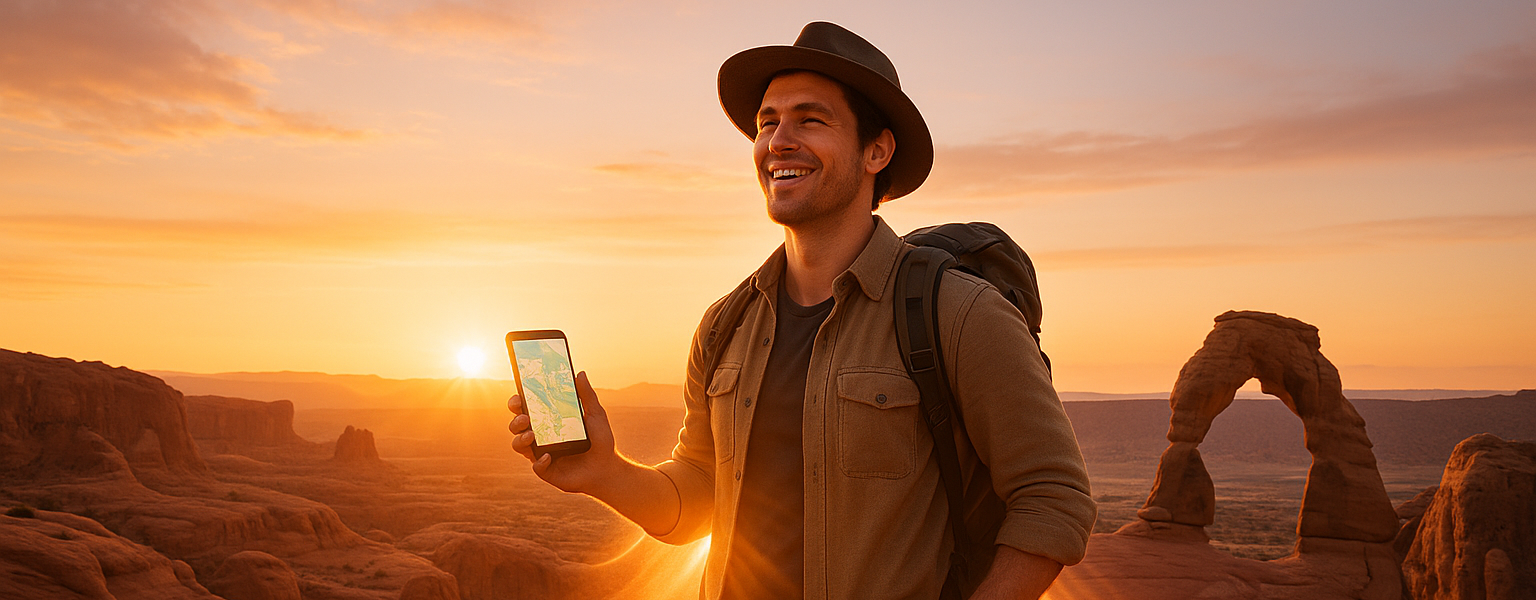 A confident traveler stands on a red rock cliff at sunrise, smiling and holding a phone with a map symbolizing the power of the Moab Concierge Travel Planner.