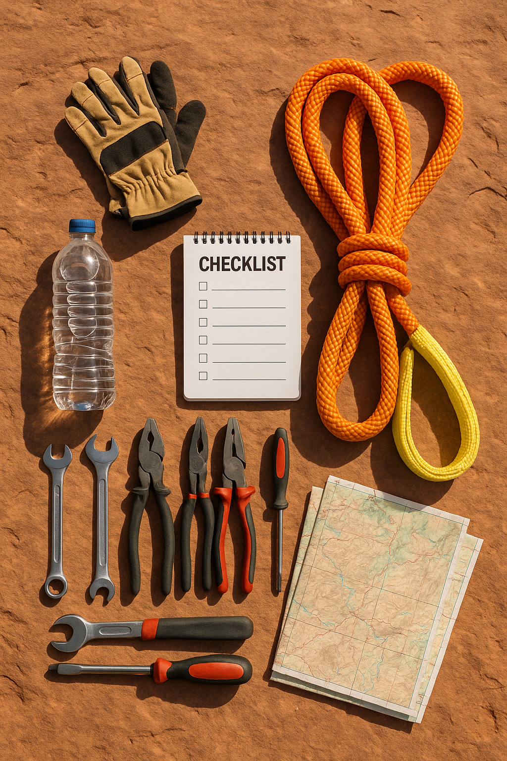 Flat lay of off-roading essentials on red sandstone in Moab, Utah, including gloves, rope, water bottle, tools, a map, and a checklist notebook.