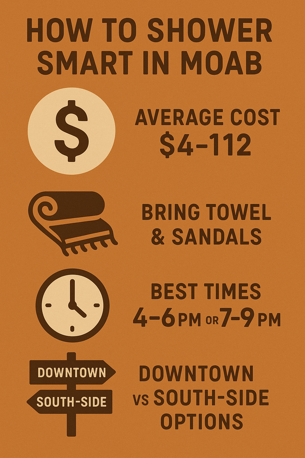 Infographic showing how to shower smart in Moab with cost, timing, and location tips for public showers.