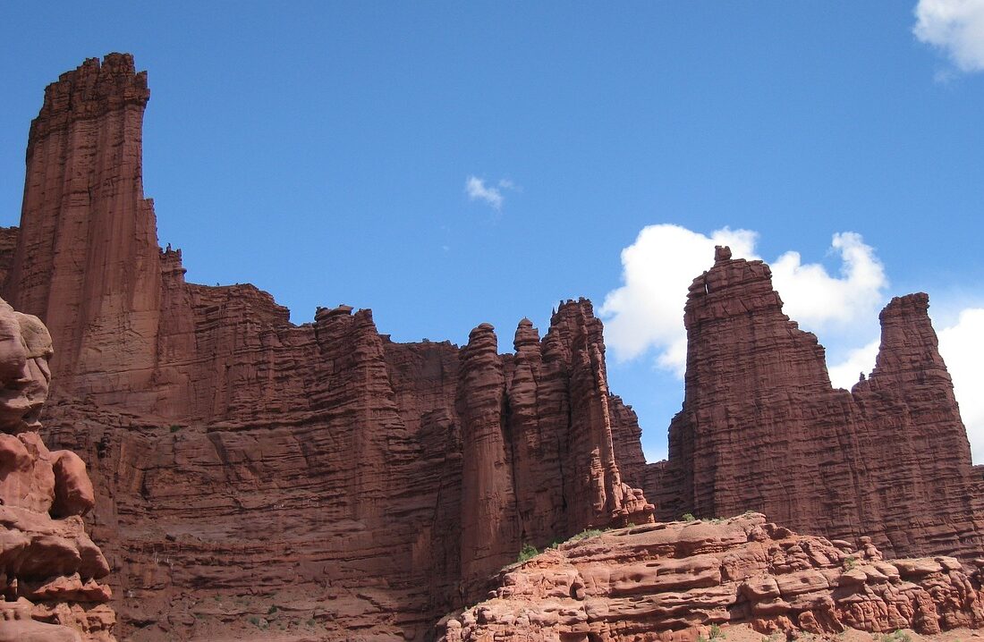 The Fisher Towers near Moab, Utah, with the giant sandstone spire of the Titan dominating the foreground.